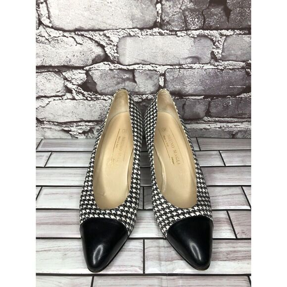 Vintage 80's BRUNO MAGLI Black White Pattern Cap Toe Heels Women Sz 6B US/36.5EU - Picture 5 of 16